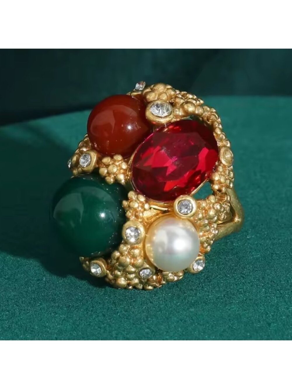 Opulent Collector’s Gem Ring Rare Ruby, Jade & Pearl in Ornate Gold Design - Picture 2 of 11